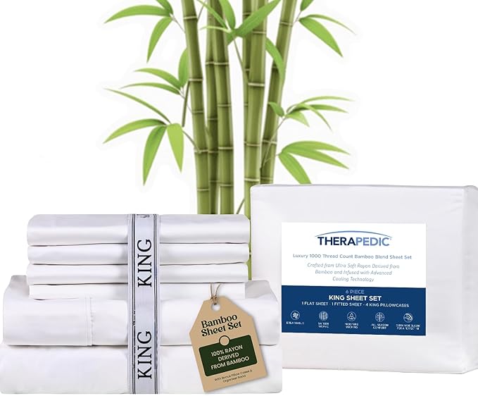 Therapedic 1000TC King 6-Piece Sheet Set - 100% Organic Rayon Derived from Bamboo Blend with Cooling Fiber, Ideal for Hot Sleepers - 16" Deep Pocket Fitted Sheet, Bonus Pillowcases - White