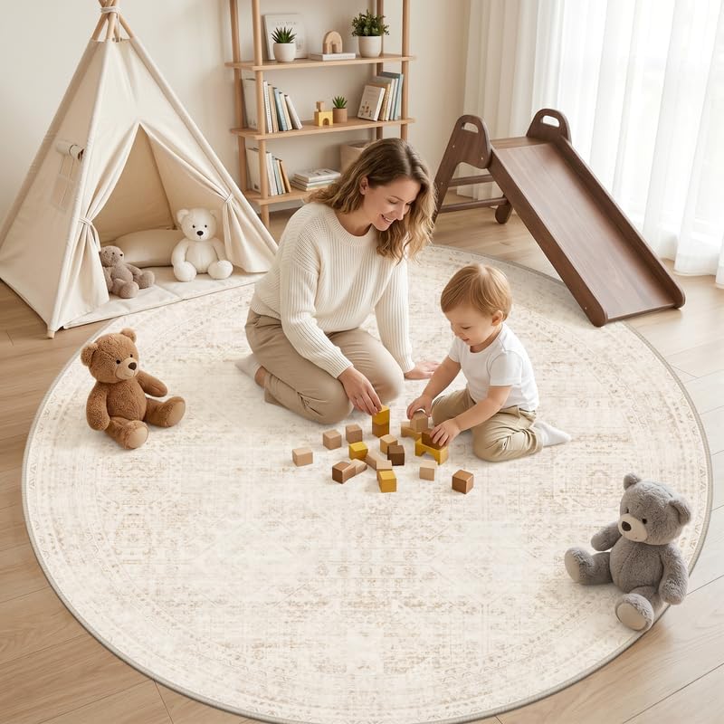 Round Area Rug Living Room: 6ft Neutral Washable Carpet Rug Beige - Image 3