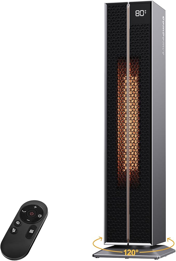 ComDomus Electric Heaters for Indoor Use, 32” Space Heater Large Room with Remote, 120° Oscillation, 5 Heat Levels, 3 Modes, Multiple Safety Protections, 1500W Ceramic Tower Heater for Bedroom, Silver