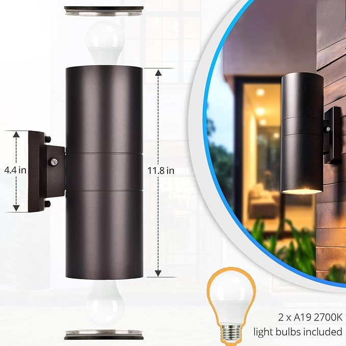 wowlite Modern Outdoor Wall Light with Dusk to Dawn Sensor 2 Pack, LED Cylinder Up Down Wall Light Outdoor 2700K Warm Light Bronze Exterior Light Fixture, IP65 Waterproof Wall Sconce for Porch Garage