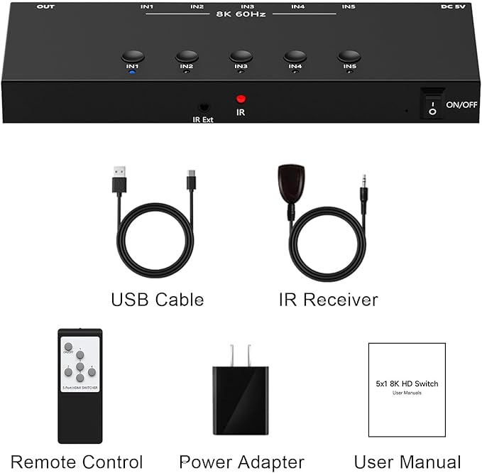 RuiPuo 5Port HDMI Switcher 8K@60Hz 5In 1Out HDMI Selector with IR Remote Supports Full HD 4K/1080P/3D & HDCP2.2 for Switch,Xbox,PS4/PS5,Fire Stick,Roku,Apple TV etc.