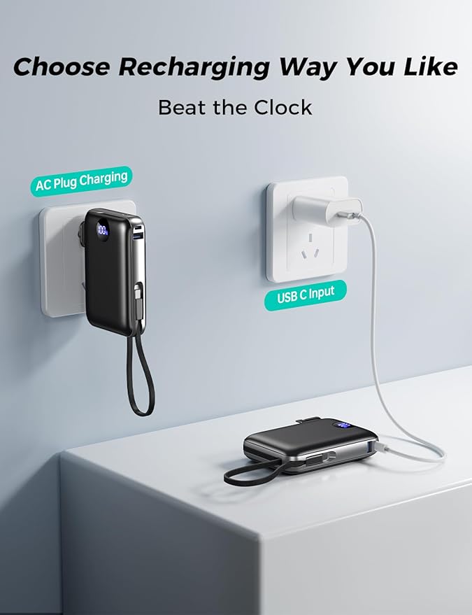 Portable Charger with Built in Cables & Wall Plug,10000mAh Power Bank, 4 Outputs,22.5W USB C Fast Charging,Slim Travel Essential Battery Pack with LED Display for iPhone 17/16/15/14 Series,Black