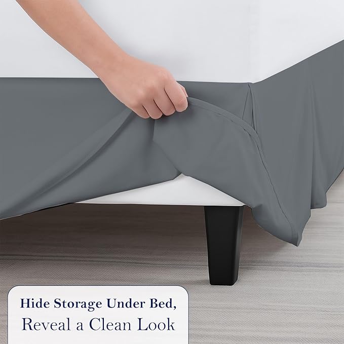 Queen Bed Skirt, Luxury 12 Inch Drop Dark Grey Pleated Bed Skirt, Double Brushed Microfiber, Box Pleat Design, Wrinkle & Fade Resistant, Easy Fit Tailored Bedskirt for Queen Size Beds