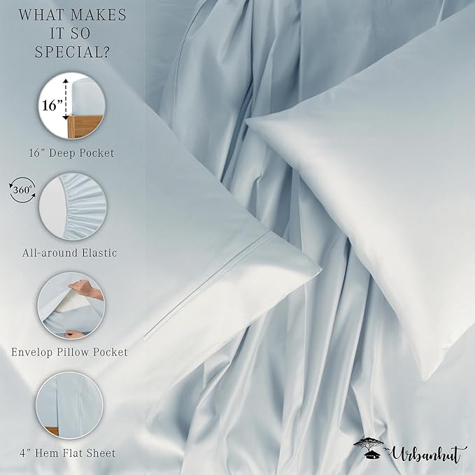 URBANHUT 800 Thread Count 100% Cotton King Size Sheets, Luxury 4 Piece King Bedsheets, Hotel Sheets Sateen Finish - Better Than Egyptian, 16" Elasticized Deep Pocket - Light Blue