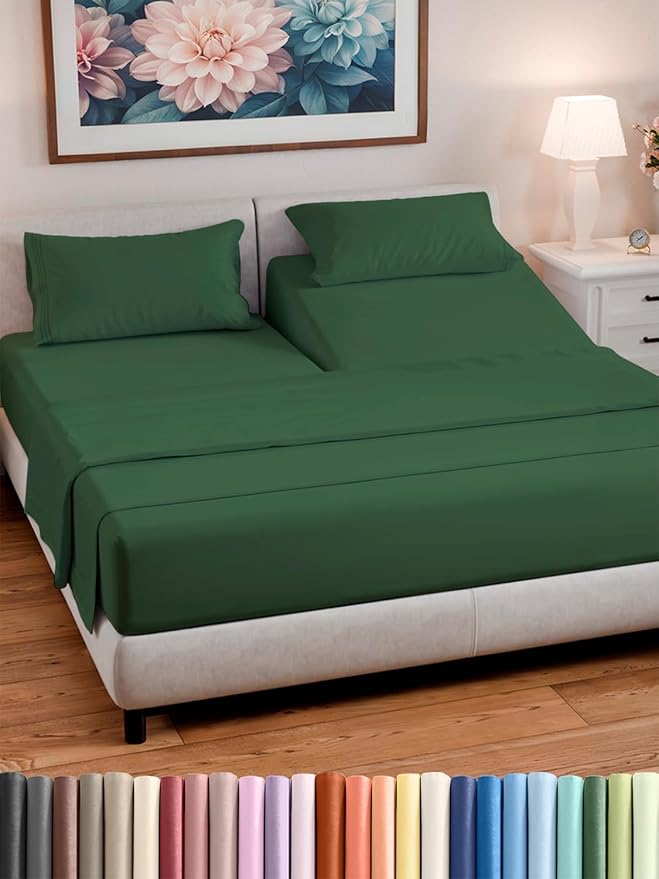 Split Head King Sheet Set – 4 Piece Flex Split Top King Sheets for Adjustable Beds - Fits 14” to 16" Mattress w/ Deep Pockets - Breathable & Cooling - Luxury Bedding and Wrinkle Free - Emerald Green