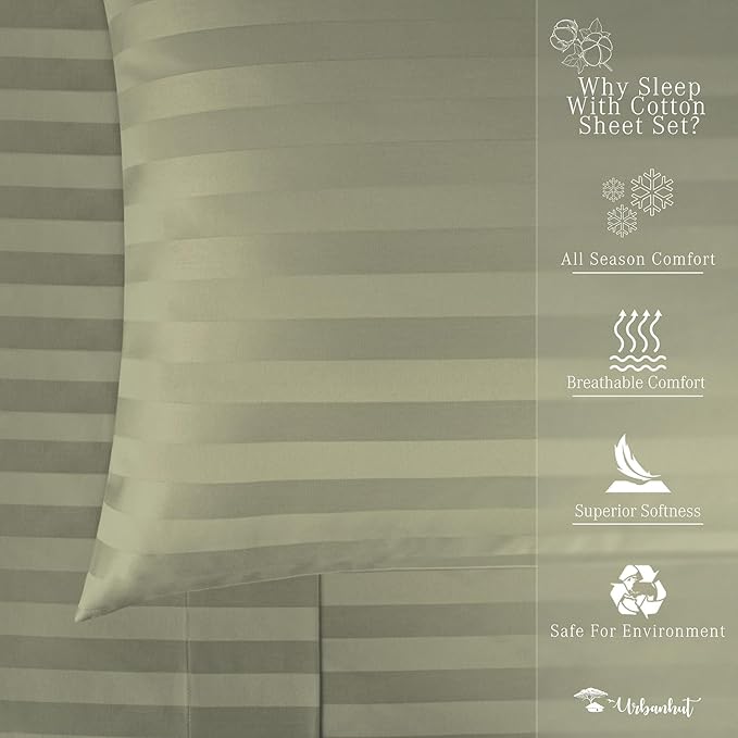 URBANHUT 800 Thread Count 100% Cotton Damask King Size Sheets, 4 Piece Striped King Size Bedsheets, Luxury Hotel Sheets Sateen Weave - Better Than Egyptian, 16" Elasticized Deep Pocket- Sage