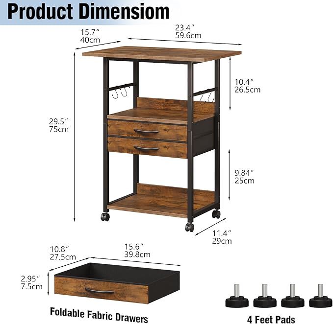 VENNQD Large Printer Stand with Storage Fabric Drawer Under Desk Printer Table with Wheels for Home Office, Printer Cart fit Fax Machine Scanner (Rustic Brown, 3 Tiers)