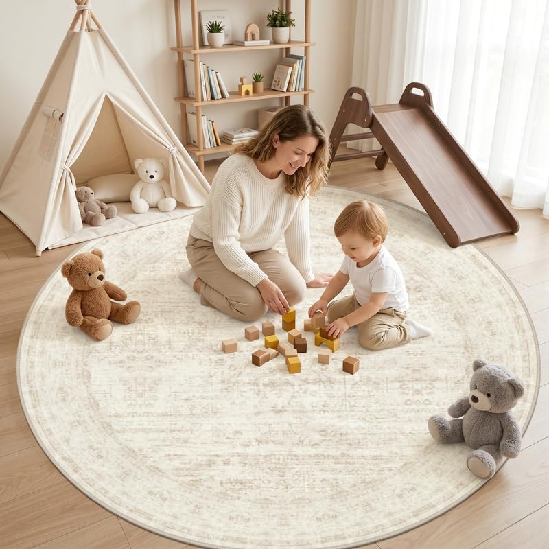 Round Area Rug Living Room: 6ft Washable Carpet Retro Beige - Image 3