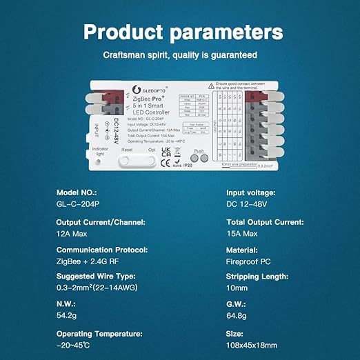 GLEDOPTO ZigBee3.0 LED Controller Pro Smart Home 5 in 1 RGBCCT RGBW RGB CCT WWCW Dimmer DC 12-48V 15A Max PWM Dimming Analog LED Strip Light Work with Hub Bridge Alexa Conbee etc (Hub Required)