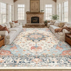 RELEANY Washable Area Rug, Large 10'x12', Beige/Blue/Orange - Image 4
