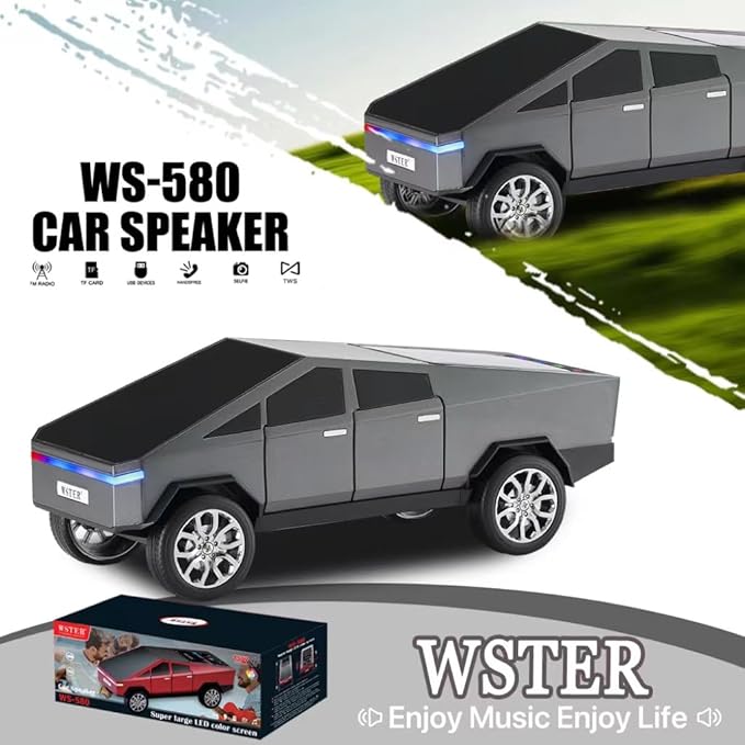 Futuristic Pickup Truck Bluetooth Speaker with LED Display Screen – Practical Gift Choice for Car Model Fans & Audio Users, TWS Stereo, FM Radio, USB/TF Playback, Front LED Headlights, Mic(Gray)