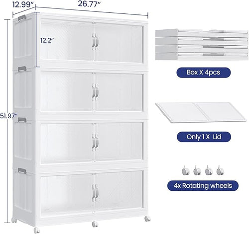 480QT Plastic Stackable Storage Bins with Lid, 120GAL Extra Large Collapsible Box with Wheels Clear Door, Foldable Closet Organizer Container Cabinet Drawer for Home Kitchen，4Pack, White