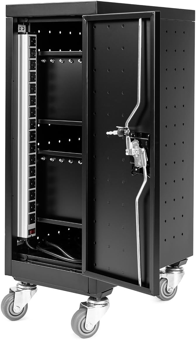 Line Leader Compact 16 Device Rolling Mobile Charging Cart for Chromebooks, Laptops, Tablets, Charging Station For Classrooms and Offices, Includes Power Strip and Locking Cabinet (Black, 34in x 23in)