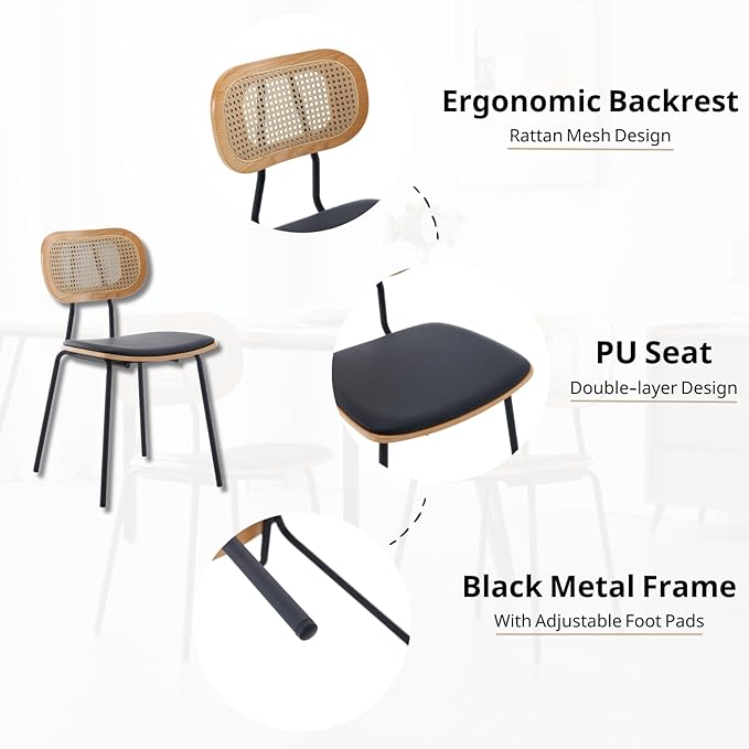 HEAH-YO Modern Dining Chairs Set of 4, Upholstered Faux Leather Dining Room Chairs with Rattan Backrest and Metal Legs, Armless Kitchen Chairs for Dining Room, Black