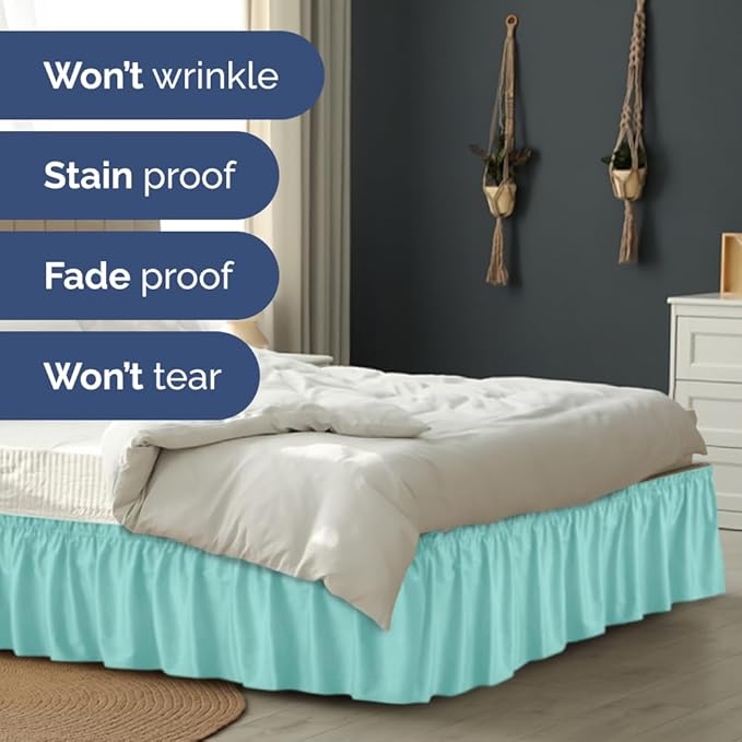 Wrap Around Dust Ruffle Bed Skirt - Spa Blue - for Full Size Beds with 12 Inch Drop - Easy Fit Elastic Strap - Adjustable Pleated Bedskirt w/Brushed Fabric Wrinkle Free - for Women, Men, Kids & Teens