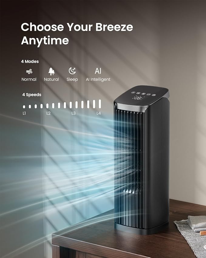 PNTCK Fan for Bedroom, 13" Tower Fan with Remote, 4 Modes 4 Speeds Max 24ft/s, 70° Oscillating Desk Fan, 12H Timer Portable Fans, Cooling Fans for Office, Home