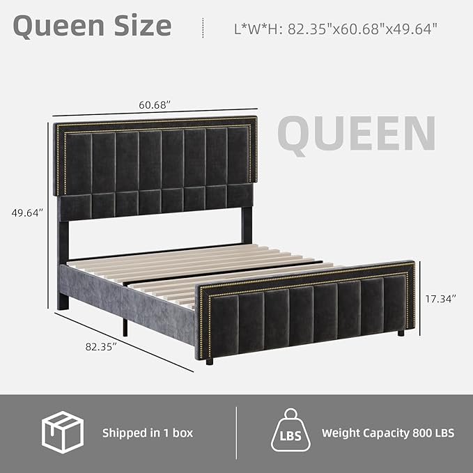 BarnFurin Queen Bed Frame with 50" Tall Headboard and Footboard, Chenille Upholstered Platform Bed, Vertical Channel Tufting with Nailhead Trim, No Box Spring Needed, Easy Assembly, Black