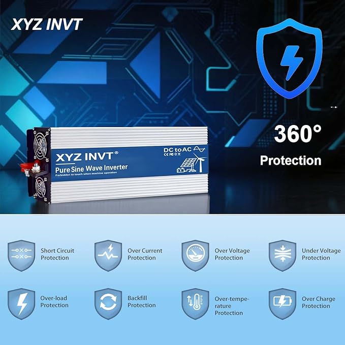 XYZ INVT 4000W Pure Sine Wave Inverter 12V to 120V AC, 8000W Peak Power - Portable Power Converter for Solar System, Off-Grid Home, RV, Truck & Camping