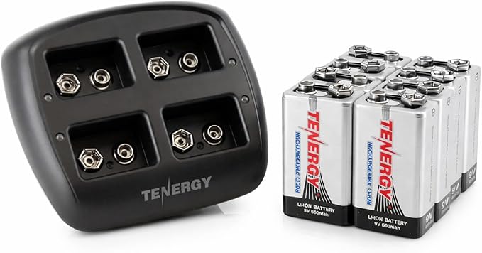 Tenergy TN294 4 Bay 9V Li-ion Battery Charger and 8 Pack 9V 600mAh Li-ion Rechargeable Battery