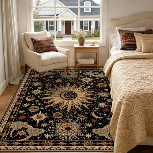 Vacuum-Friendly, 5x7 Washable Area Rug, Black Gold Beige Red - Image 3