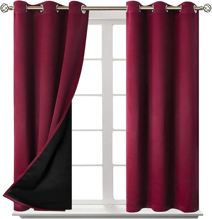 BGment Short 100% Blackout Curtains for Bedroom, Thermal Insulated Lined Energy Efficiency Noise Reducing Grommet Curtains 45 Inch Length for Small Window 2 Panels Each 42 Inch Wide, Burgundy Red