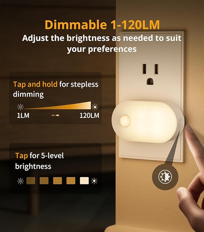 Lyridz Plug in Night Light with Motion Sensor, Smart Warm White LED Nightlights with 1-120LM Stepless Adjustable Brightness for Bathroom, Bedroom, Kitchen, Stairs, Hallway, 6 Pack