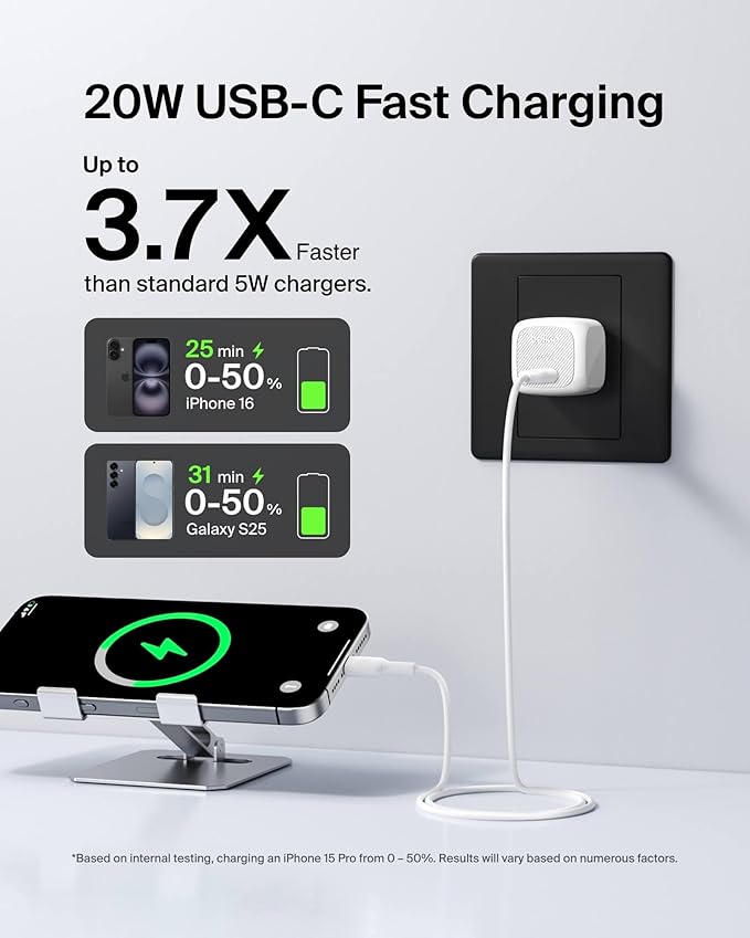 Belkin USB C Charger Block 20W, Fast Charging Block, Type C Wall Charger, Compatible w/Apple iPhone 17, Air, Pro, AirPods, Apple Watch, Samsung Galaxy S25, Google Pixel 10, iPad,etc - White