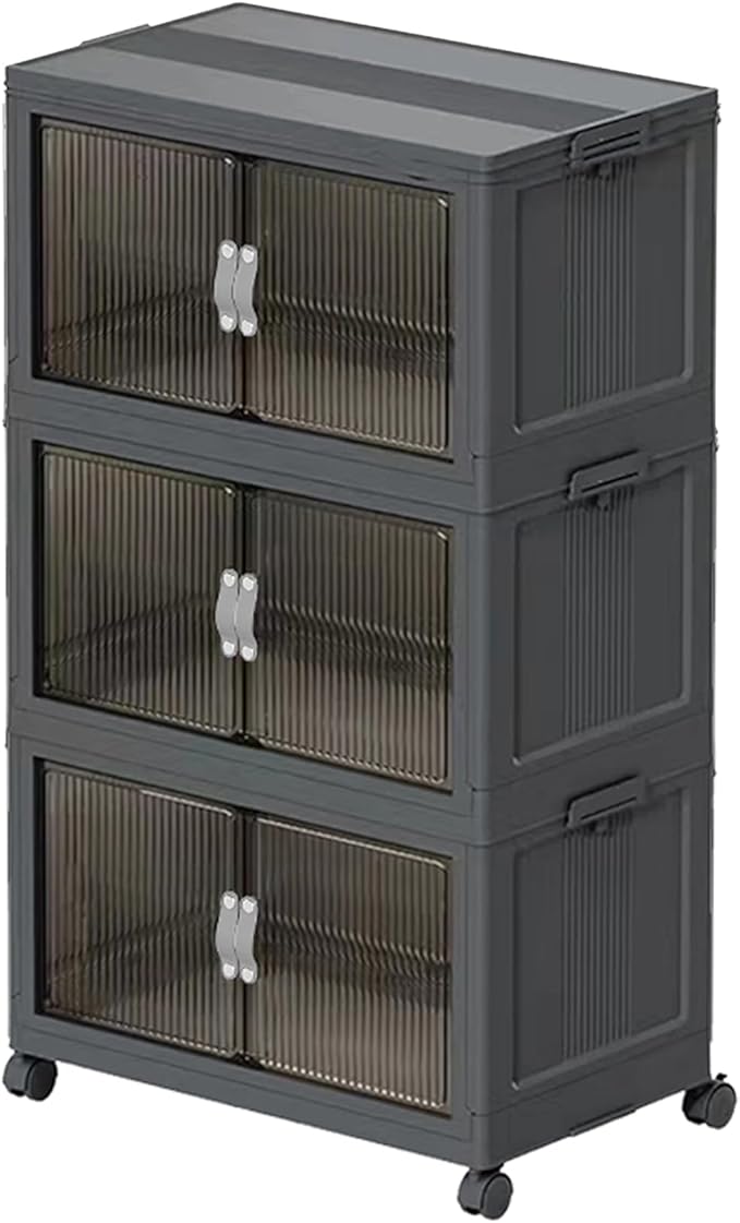 Stackable Storage Bins, Plastic Closet Organizer Folding Container with Lid & Wheel, Collapsible Storage Cabinet with Door, Foldable Storage Boxes for Home, Pantry, Office (L, Gray 3-Tier)