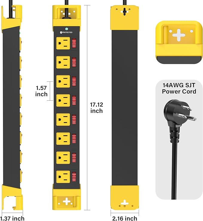 Power Strip with Individual Switches - 8 Outlet Heavy Duty Power Strip with Cord Manager,1200J Surge Protector Home Office Garage Industrial