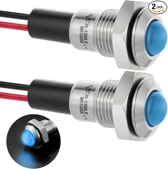 ZGSZJHF UL Listed Mini Indicator Light 8mm 0.31" Waterproof IP67 110V-120V Domed Sphere High Head Metal 304-Stainless Steel LED Lamp Pilot Light with 140mm Wire