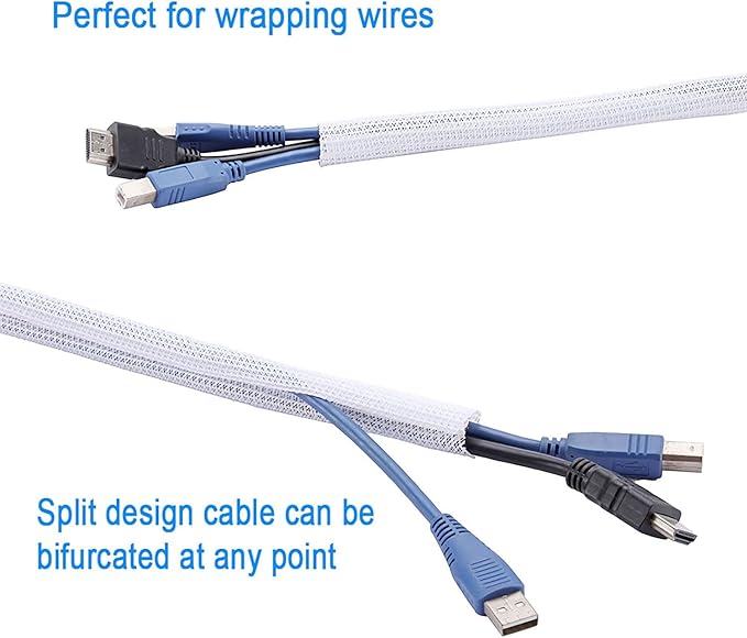 QCSIW 3/4"-25ft Braided Cable Sleeve Protector - Self-Wrapping Split Wire Loom for Home Theater, Pet-Proof Cord Organizer, Heat-Resistant, White