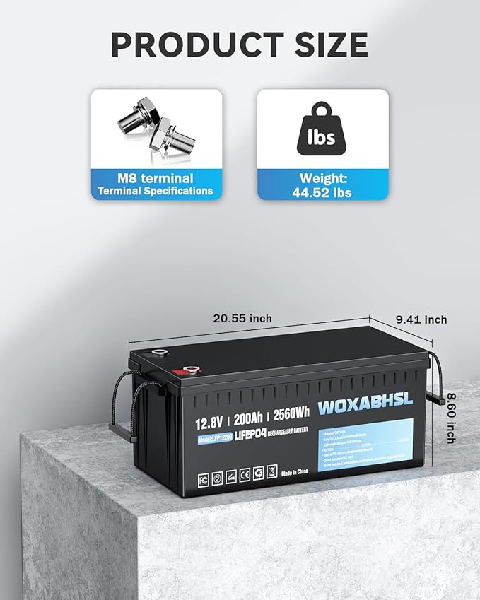 WOXABHSL 4 PCS 12V 200Ah LiFePO4 Lithium Battery, Built-in 200A BMS, 15000+ Deep Cycles, Max 2560W Power Output, FCC UL Certificates, Perfect for RV, Solar, Marine