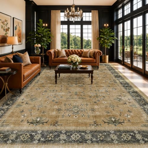Vintage 10x12 Rug for Living Room - Washable Dining Room Rugs for Under Table, Low Pile Non-Slip Carpet for Bedroom - Rustic Brown and Charcoal Olive Home Decor by HazoHaus