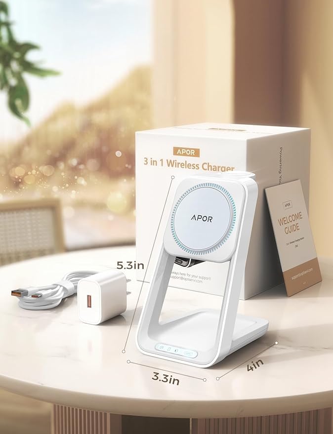 Apor 3 in 1 Charging Station for iPhone, Magsafe Wireless Charger with Cooling Fan for iPhone 17 16e 16 15 14 13 12 Series & Apple Watch Charger, Wireless Charging Station for AirPods 4/3/Pro (White)