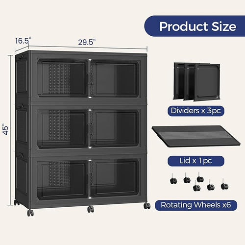 480 QT Extra Large Stackable Storage Bins with Lid, 120 Gal Collapsible Storage Box with Wheels, Folding Closet Organizers and Storage Cabinet with Doors for Home, Kitchen, Office, 3Pack Black