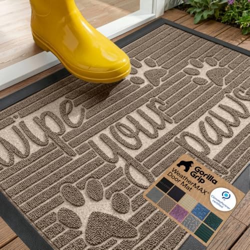 GORILLA GRIP WeatherMAX Door Mat, Indoor Outdoor Use, 29x17, Beige Paw by GorillaGrip