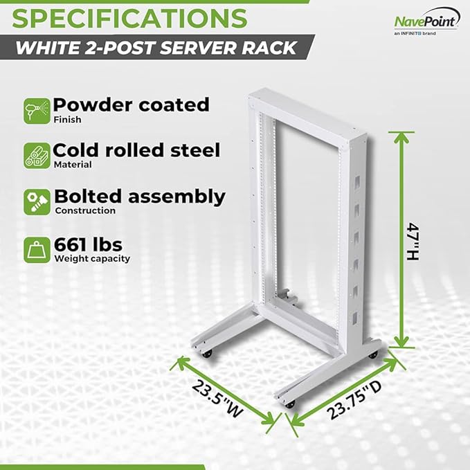 NavePoint 22U 2 Post Rack Open Frame Server Rack for 19 Inch Equipment, AV, Networking, Data & IT Devices, 2-Post Rack 22U with Wheels, 661lbs Weight Capacity, White