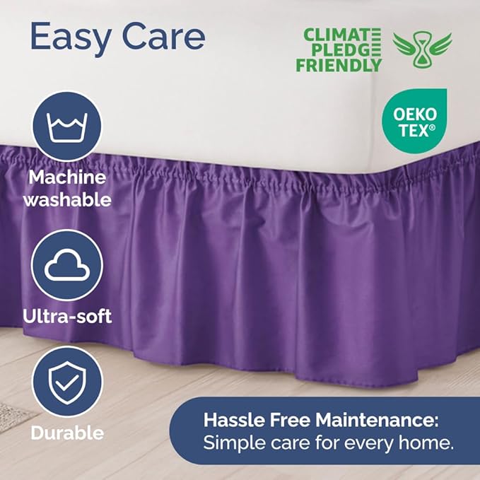 Wrap Around Dust Ruffle Bed Skirt - Purple - for Queen Size Beds with 15 Inch Drop - Easy Fit Elastic Strap - Adjustable Pleated Bedskirt w/Brushed Fabric Wrinkle Free - for Women, Men, Kids & Teens