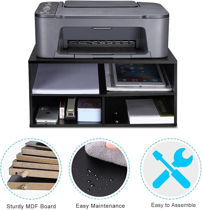 EMERIT Printer Stand for Desk - 2 Tier Desktop Printer Stand with Paper Storage, Printer Riser Organizer for Home Office, Holds up to 30 lbs, Black