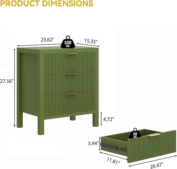 End Table with Storage, Wooden Farmhouse Nightstands with 3 Drawers, Bedside Table - Boho Tall Side Table Accent for Bedroom, Living Room, Green