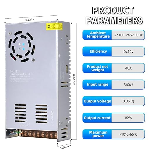 HuanQiuSensmart 110V AC to 12V DC Transformer, 12V 500W 40A Switching Power Converter, Built-in Cooling Fan, with Various Power adapters.