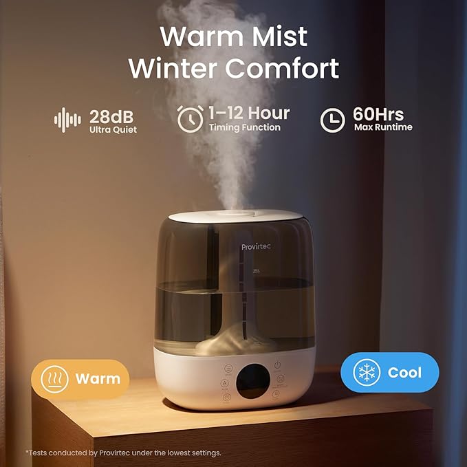 Provirtec 6L Self-Cleaning Humidifier for Large Room, CleanCare Warm & Cool Mist, No-Leak Design & Top Fill, 60 Hour Runtime, Quiet Ultrasonic Auto Mode with Remote Control for Bedroom & Home