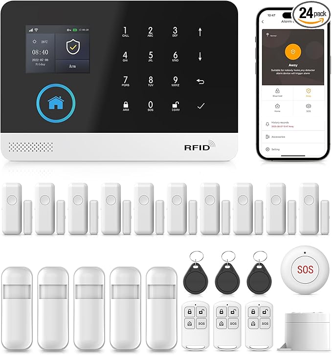 PGST Wireless Home Alarm System, 24-Piece Kit with Phone APP Alert, Door Sensor, Siren, Remote, Motion Detector, Compatible with Alexa (103-F)
