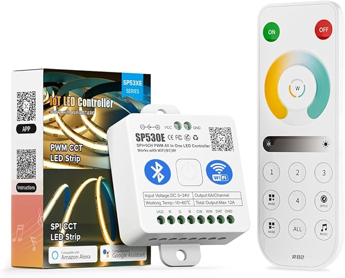 BTF-LIGHTING SP530E WiFi Alexa Bluetooth Controller 4 Zones 2.4GHz RF RB2 Remote Kit Support FCOB COB SMD PWM or SPI CCT Dual White Tunable Color Temperature LED Strip WS2811 IC etc DC5V DC12V DC24V