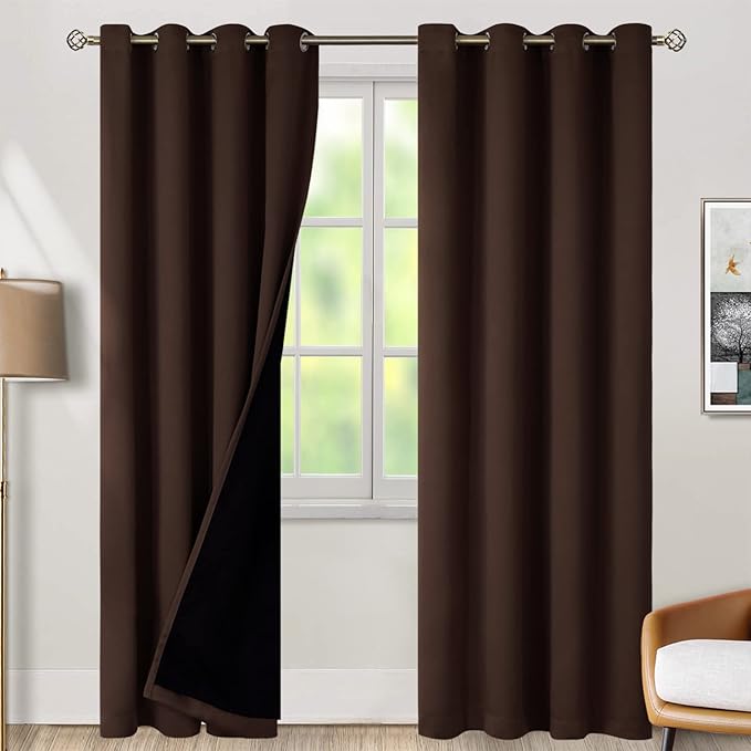 BGment 100% Blackout Curtains for Bedroom Window 84 Inch Length 2 Panels Set, Thermal Insulated Full Light Blocking Grommet Drapes for Living Room Darkening with Black Liner, 52 Inch Wide Each, Brown