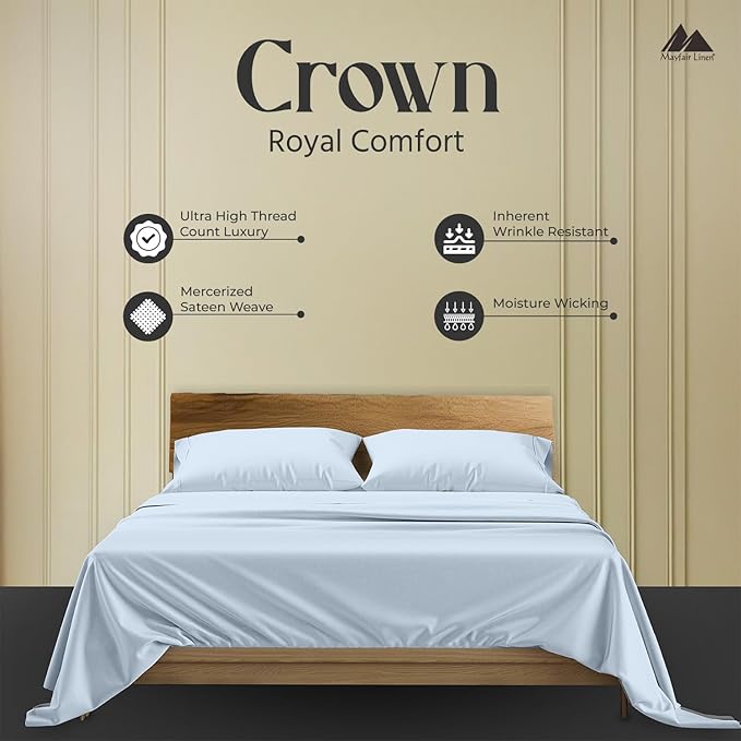 Mayfair Linen 100% Egyptian Cotton King Sheets Set - 2000 Series Luxury Sheets King Size Bed Set, Soft & Cooling, Sateen Weave 17" Extra Deep Pocket Hotel Collection Sheet (4 Pc, Light Blue)