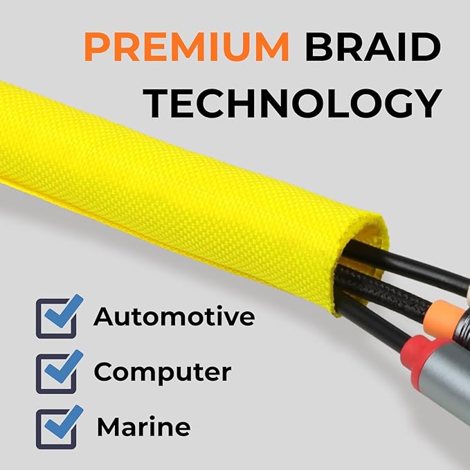 HOLED 3/8 inch Split Braided Cable Management Sleeve for USB Cable Power Cord Audio Video Cable, Wire Loom Cord Protector from Cat Dog Chewing (Yellow, 25FT)