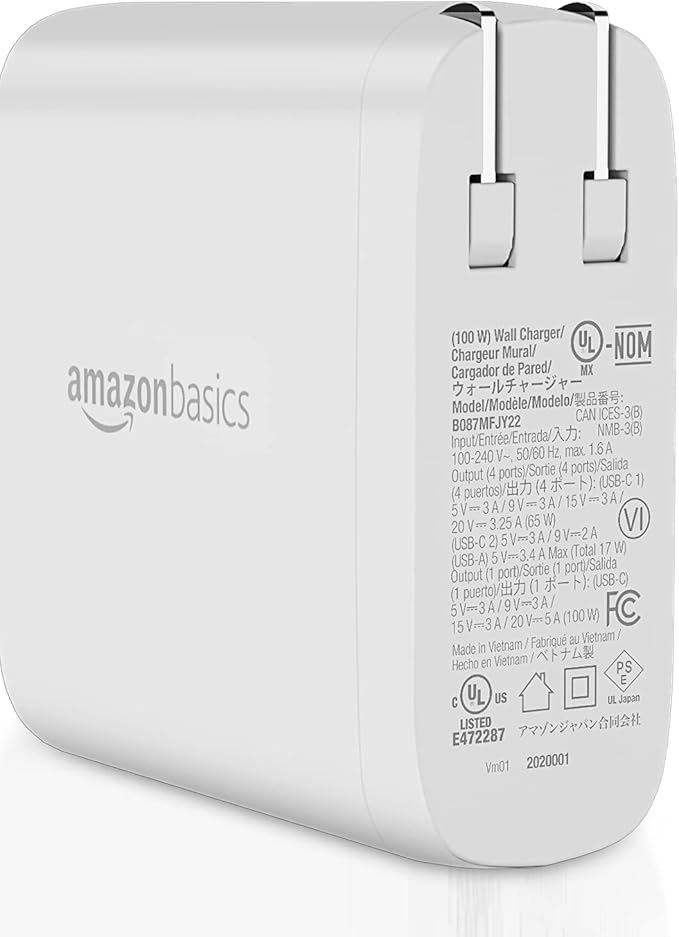 Amazon Basics 100W Four-Port GaN Wall Charger w/ 2 USB-C (100W,18W) & 2 USB-A Ports (12W) w/PD for Laptops, Tablets & Phones (iPhone 16/15/14/13/12/11/X, iPad, Mac, Samsung, and More), Non-PPS, White