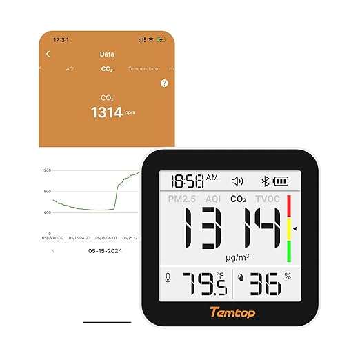 Temtop M10+ Indoor Air Quality Monitor, CO2 Monitor for Home, 6-in-1 PM2.5 & VOC Detector, E-Ink Display, 60-Day Battery, App-Connected Temperature & Humidity Sensor