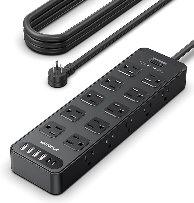 Solidock Power Strip Surge Protector Flat Plug with 20 AC Outlets 6 USB Chagring Ports, 1875W/15A, 2700J, 10 Ft Heavy Duty Extension Cord for Home, Office, Dorm, Gaming,ETL Listed (Black, 10 Feet)
